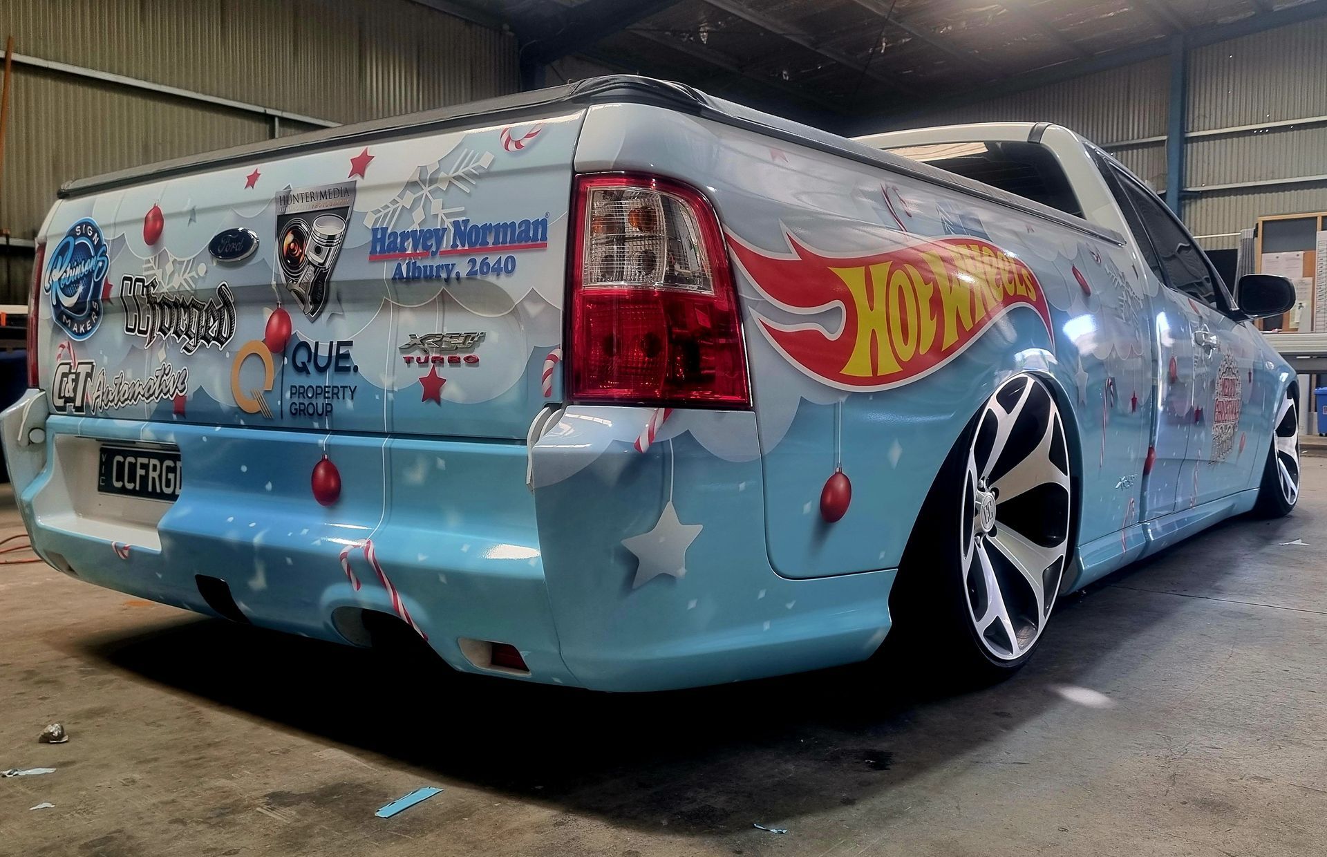 A Blue Ute With Hot Wheels Wrap On It — Robinsons Sign Makers In Shepparton, VIC