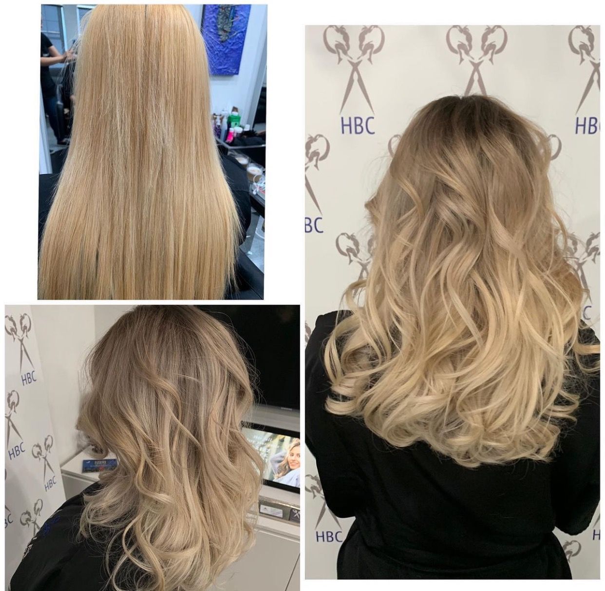 Hair transformation collage showing before and after blond wavy hairstyle in a salon.