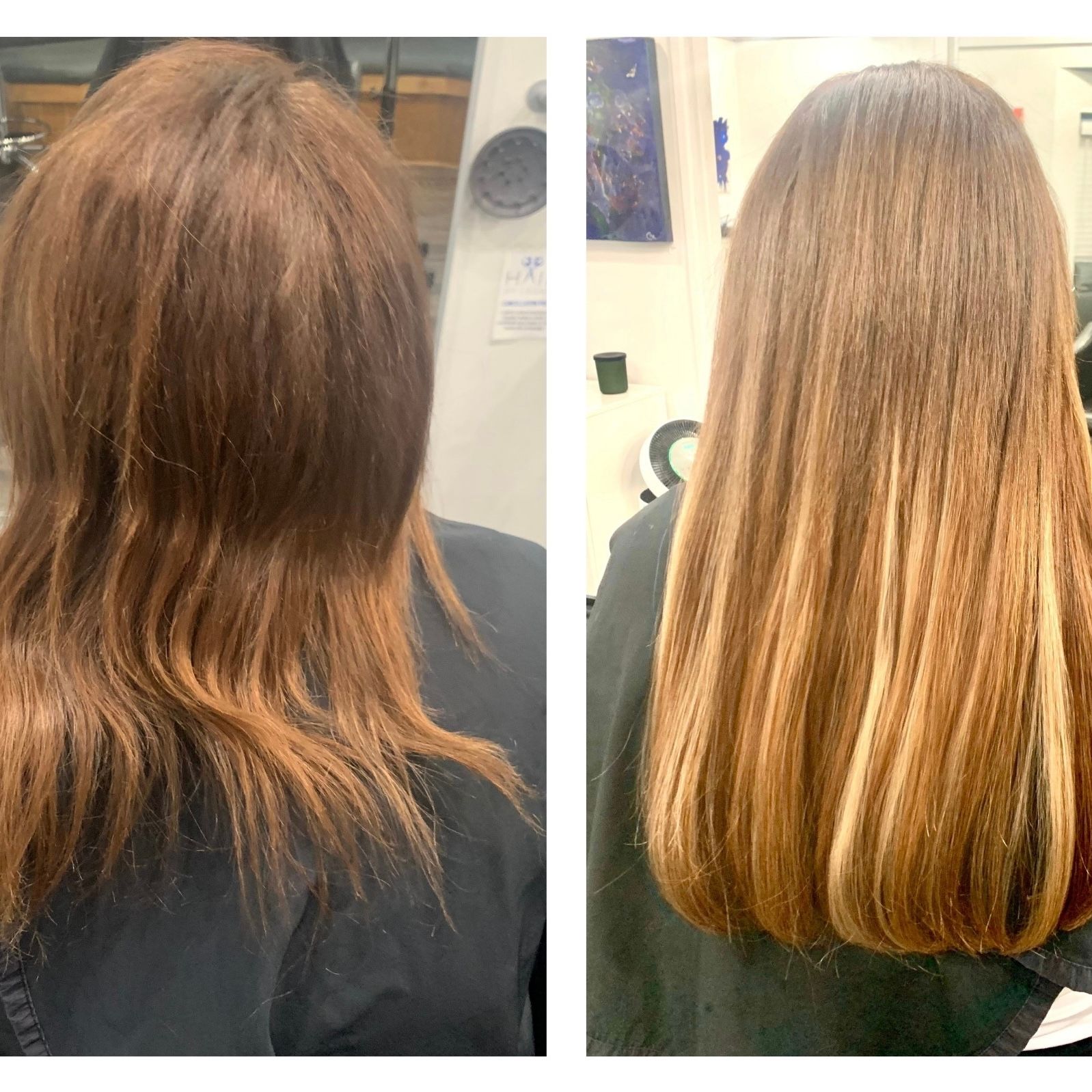 Hair before-and-after: frizzy brown hair transformed into smooth, straight blonde-brown layers.