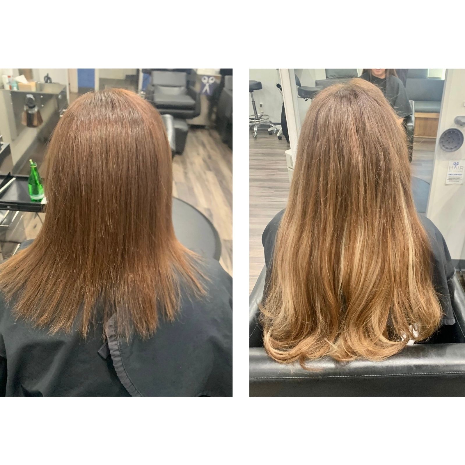 Before-and-after haircut: shoulder-length brown hair appears smoother and more blended in salon chair.