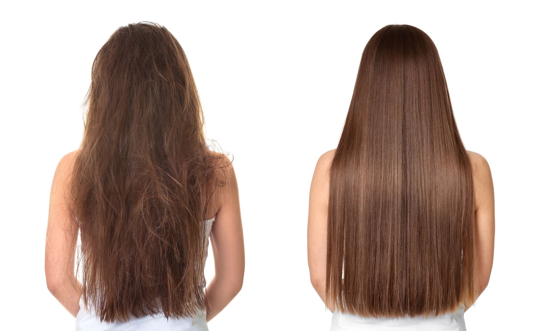 Back view of two women with long brown hair, showing frizzy hair on the left and smooth hair on the right