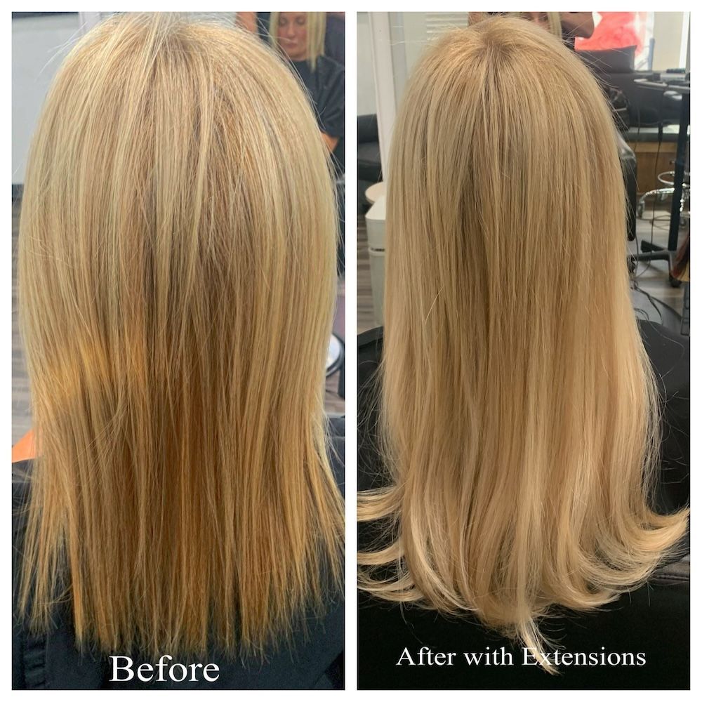 Split-view salon photo of blonde hair before and after extensions, showing longer, fuller style
