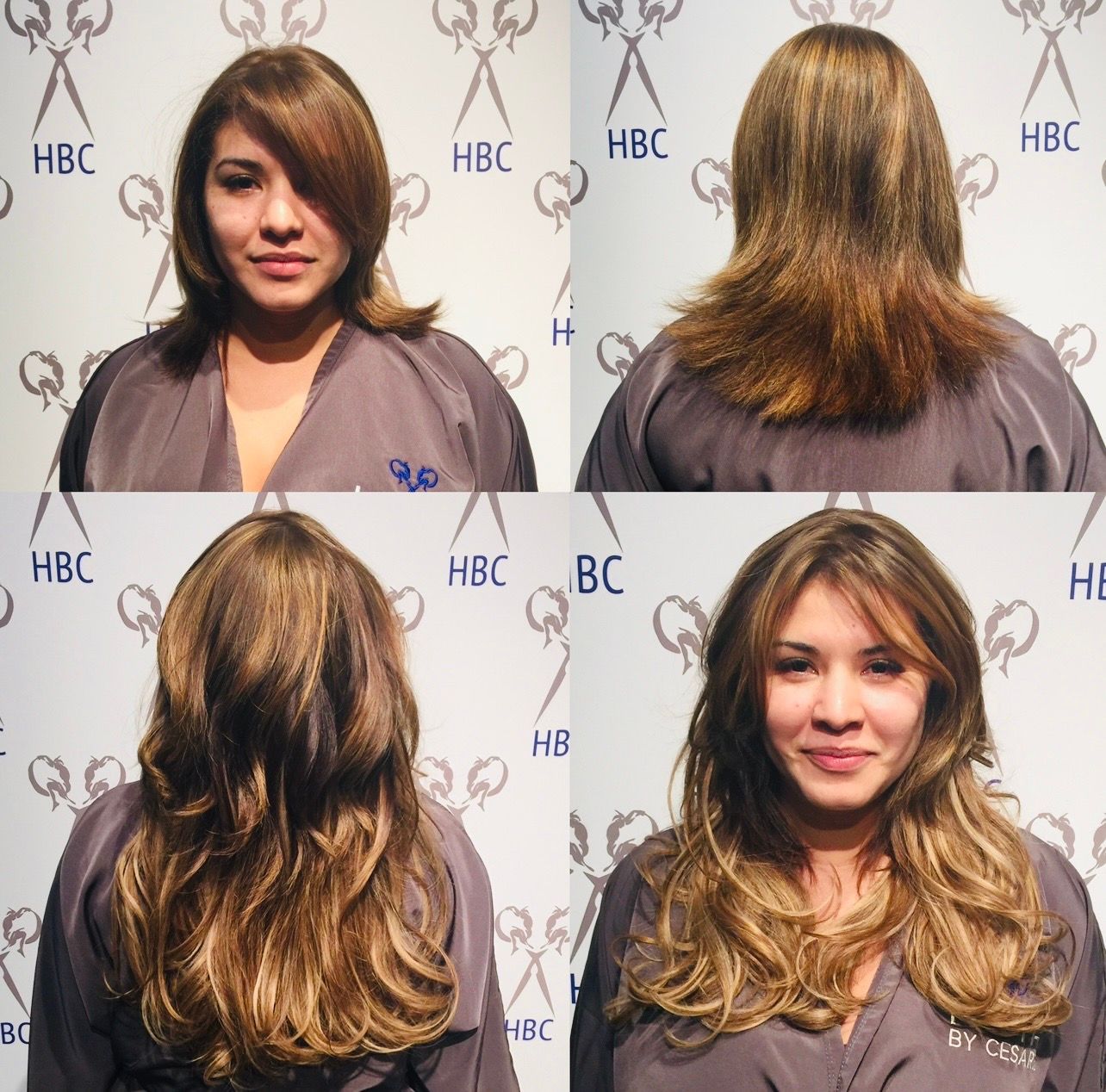Salon collage showing a woman’s shoulder-length layered haircut from front, side, and back views