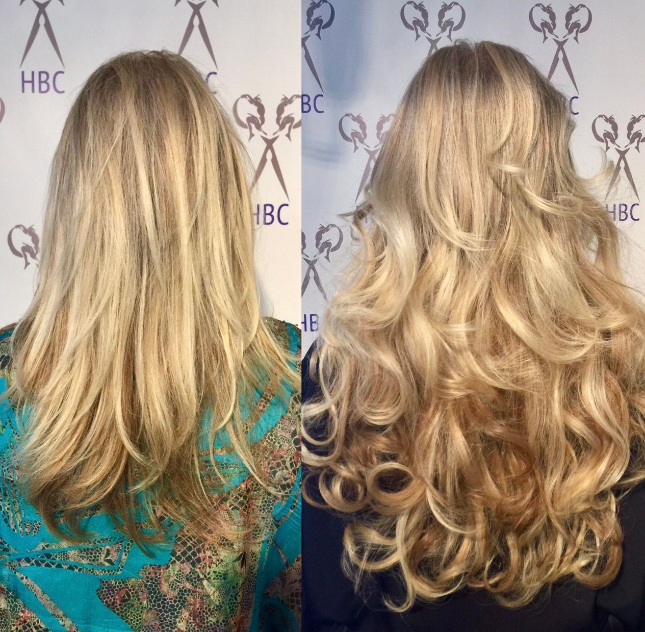 Before-and-after back view of long blonde hair showing softer waves and curls with more volume