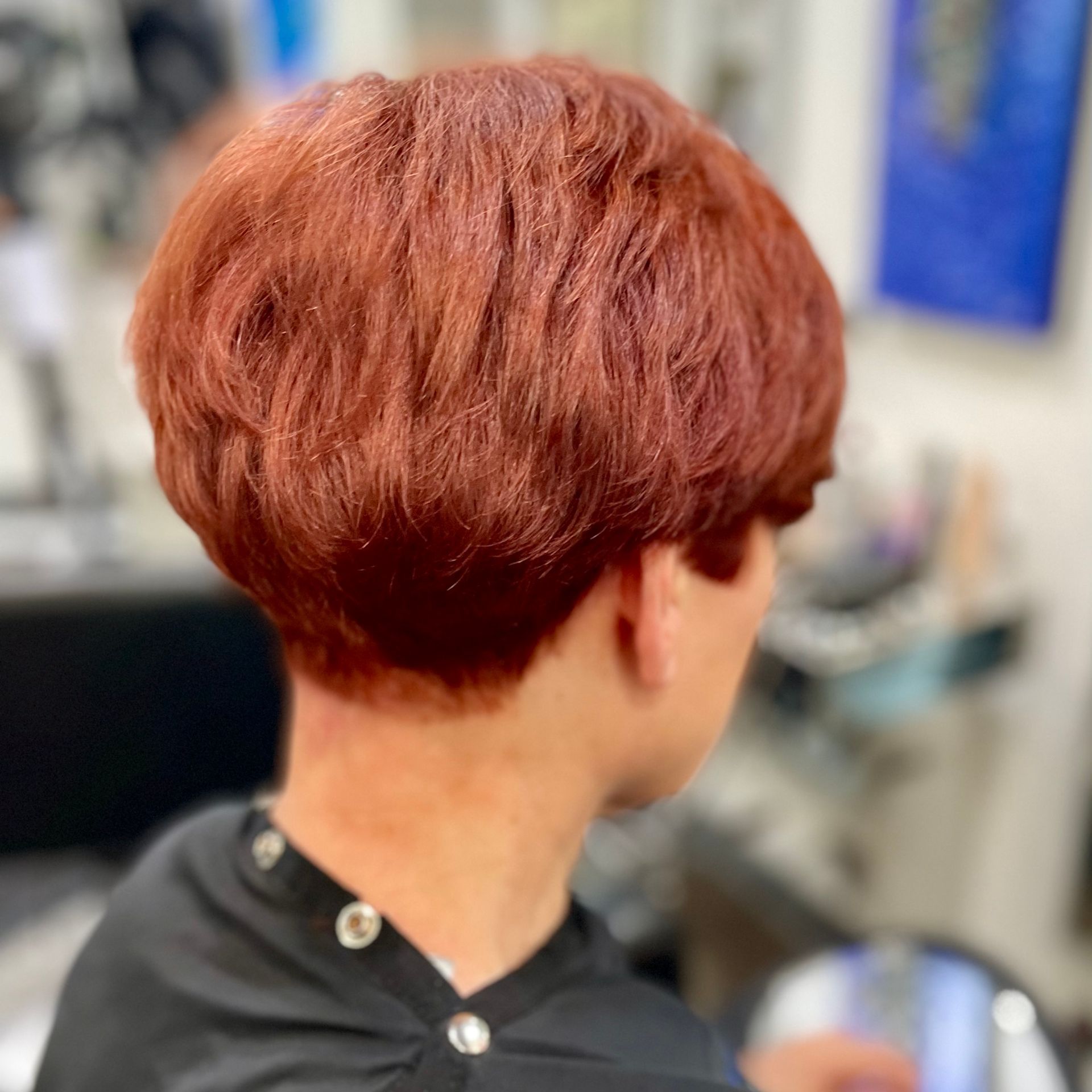 Short auburn layered haircut shown from the back in a salon setting