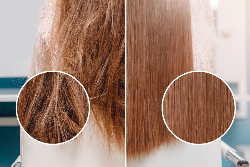 Hair before-and-after comparison showing frizzy brown hair smoothed and straightened.