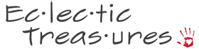 A handwritten logo for eclectic treasures with a red hand.