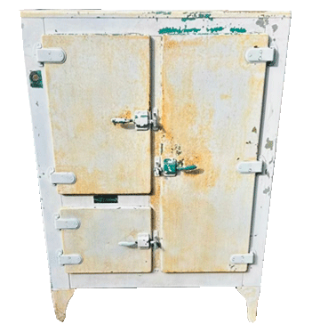 Antique Metal-Clad Ice Box A white cabinet with two doors and a green latch