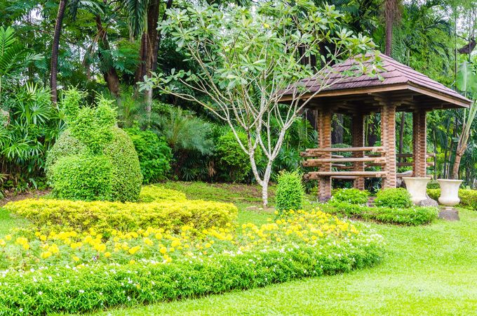 Un giardino lussureggiante con aiuole di fiori gialli e un gazebo in legno tra alberi verdi.