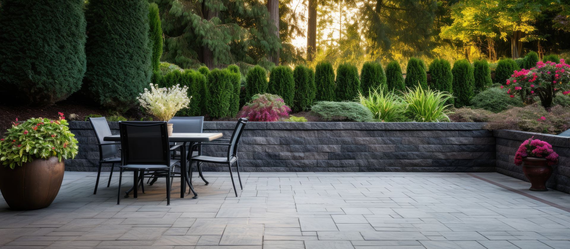 A patio with a table and chairs in the middle of a garden.