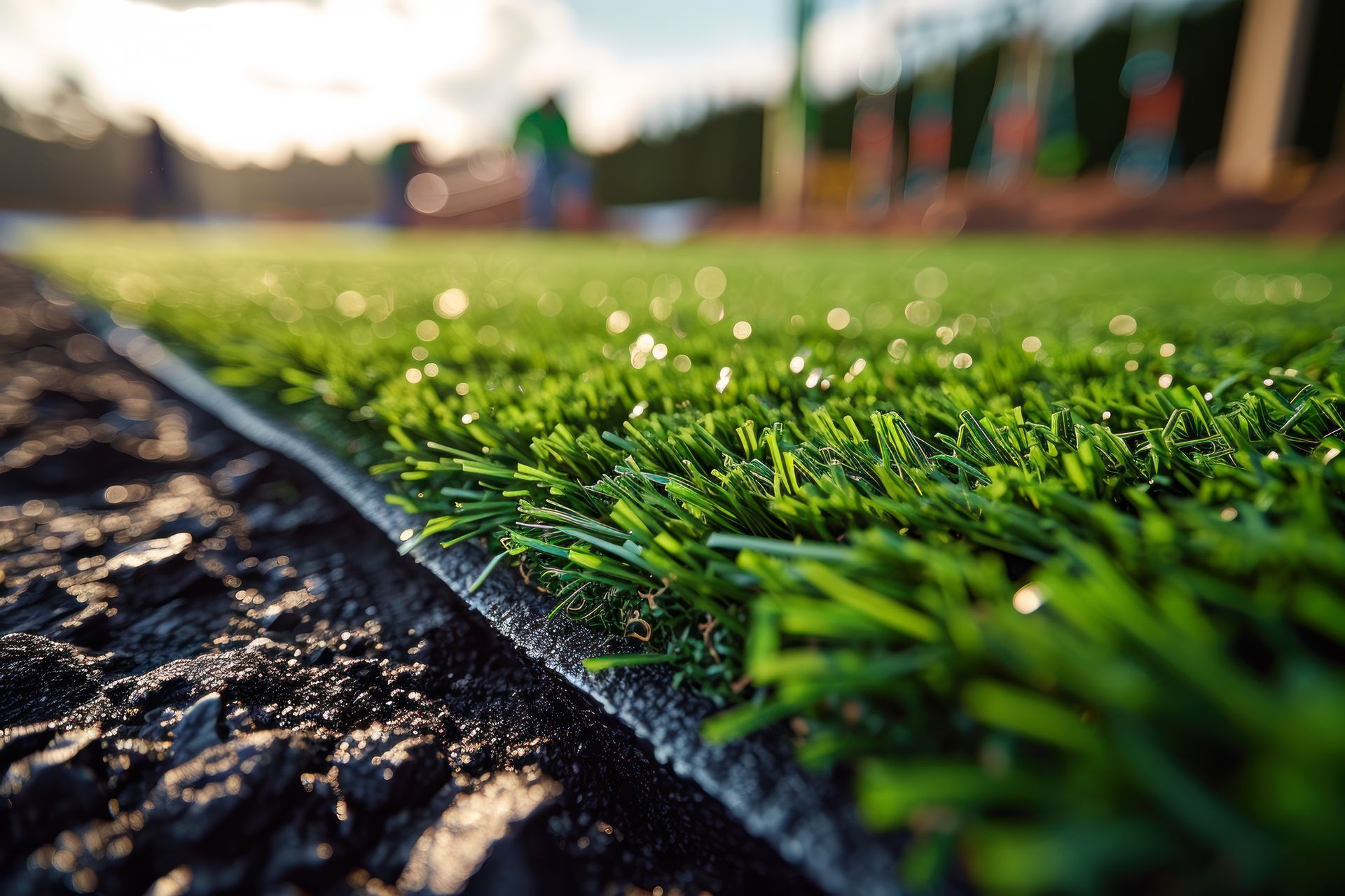A close up of a piece of artificial grass on a soccer field.