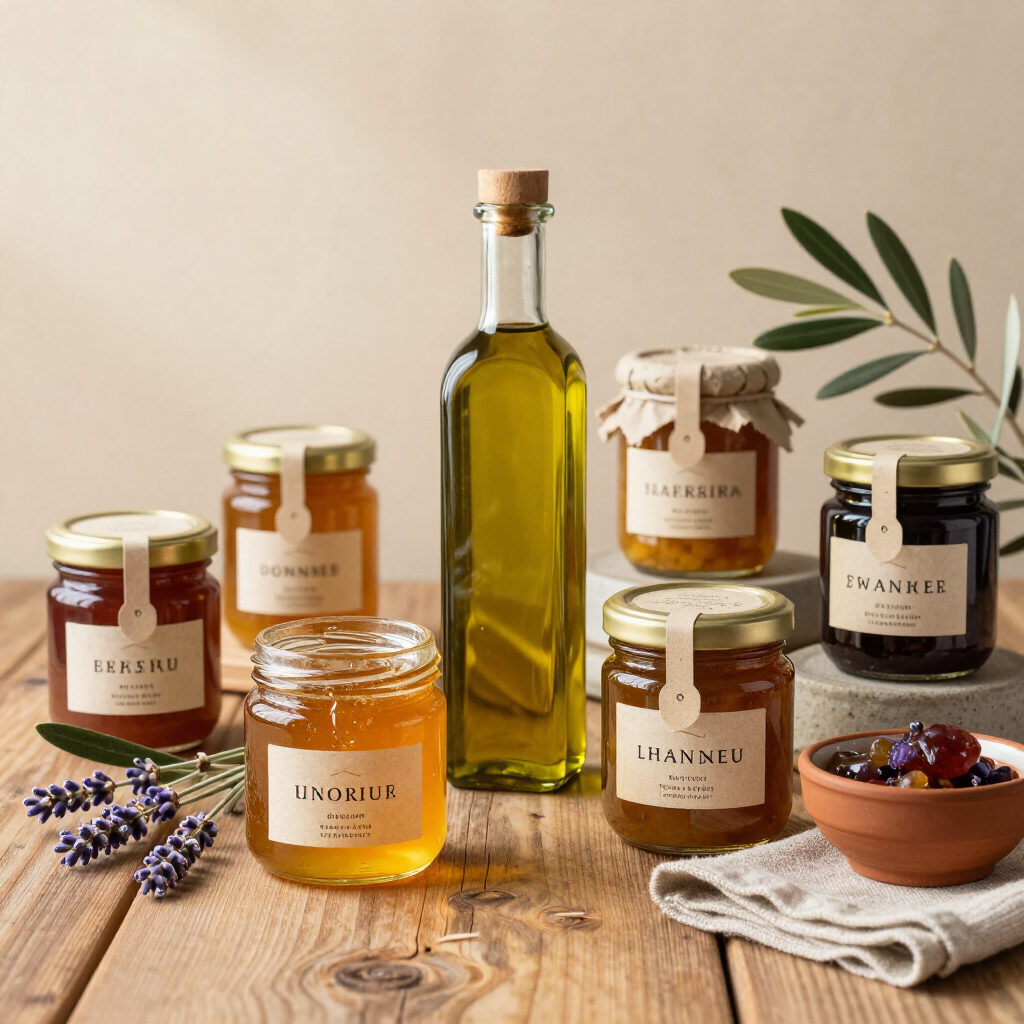 Frascos y botellas variadas de miel y aceite de oliva sobre una mesa rústica con lavanda y hojas.