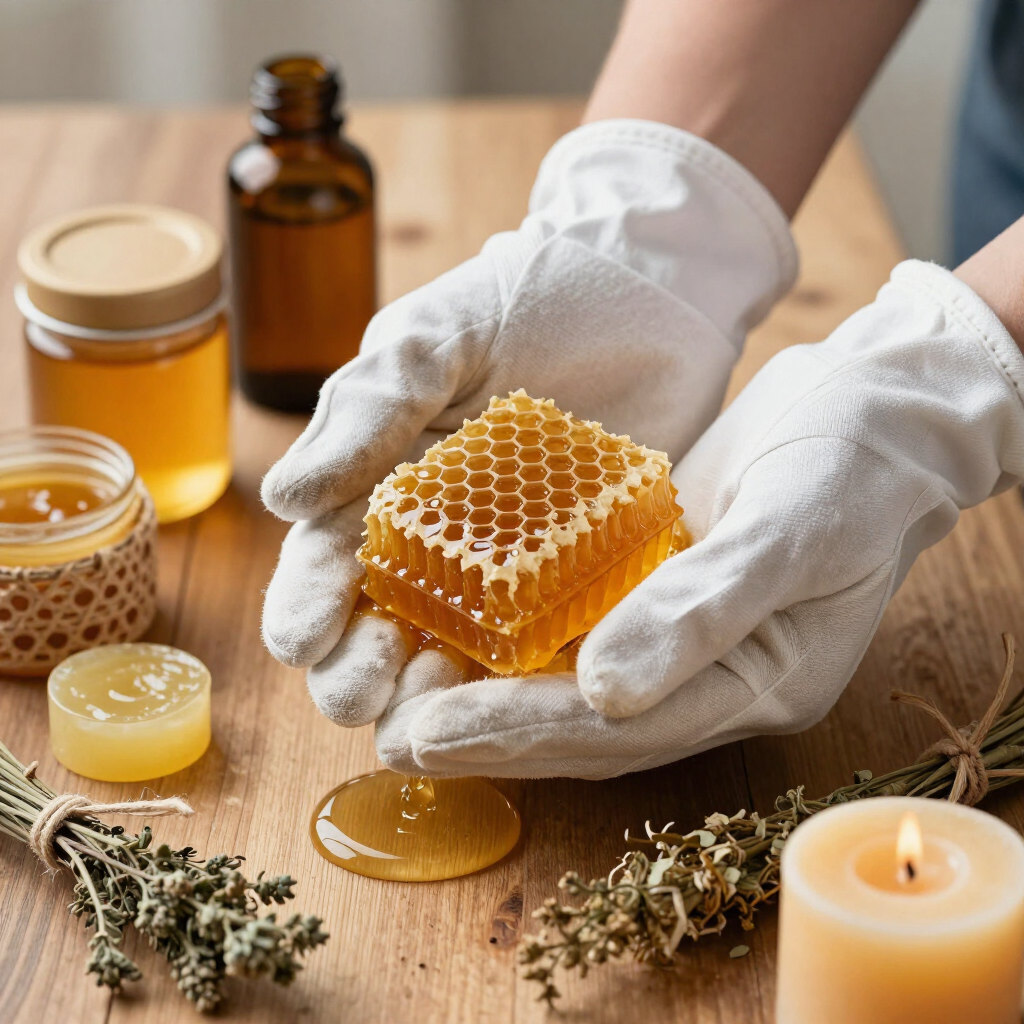 Manos enguantadas sosteniendo un bloque de panal con velas, hierbas y frascos de ámbar sobre una mesa de madera.