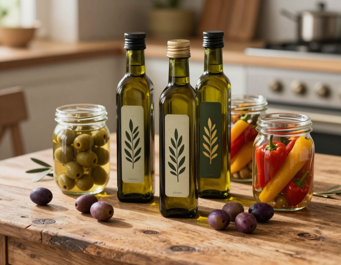 Botellas de aceite de oliva y frascos de aceitunas y pimientos sobre una mesa rústica de madera en una cocina.