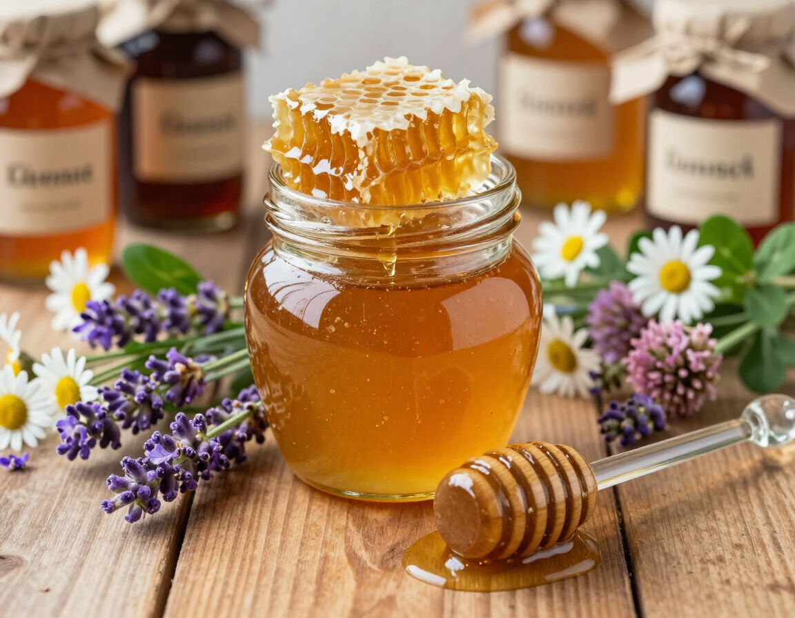 Tarro de miel con cucharón, flores y botellas de miel borrosas sobre una mesa rústica de madera.