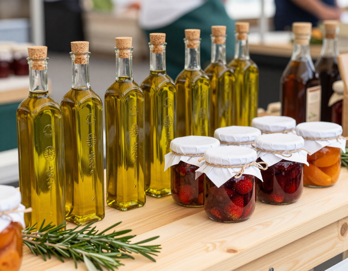 Botellas de vidrio de aceite de oliva y tarros de conservas sobre una mesa de madera con ramitas de romero.