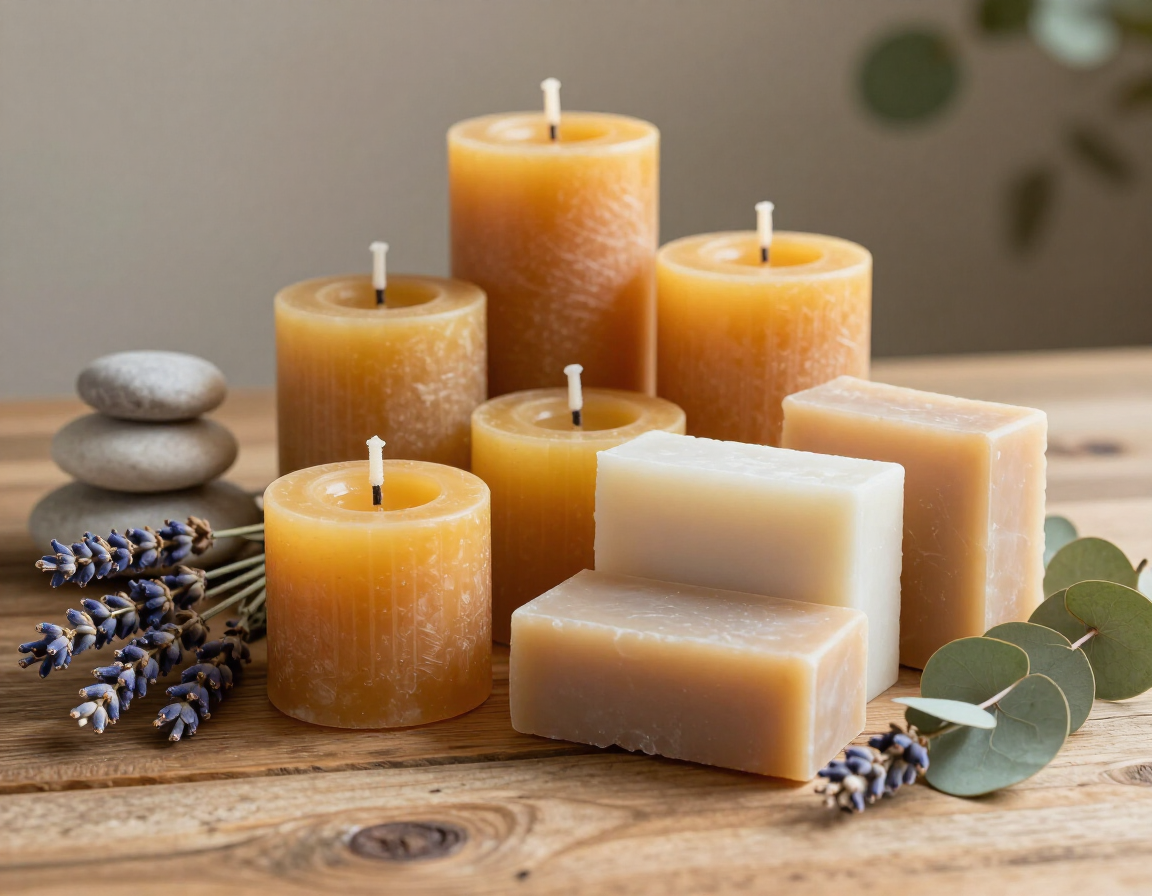 Jabones artesanales y velas de ámbar con lavanda y eucalipto sobre una mesa rústica de madera.
