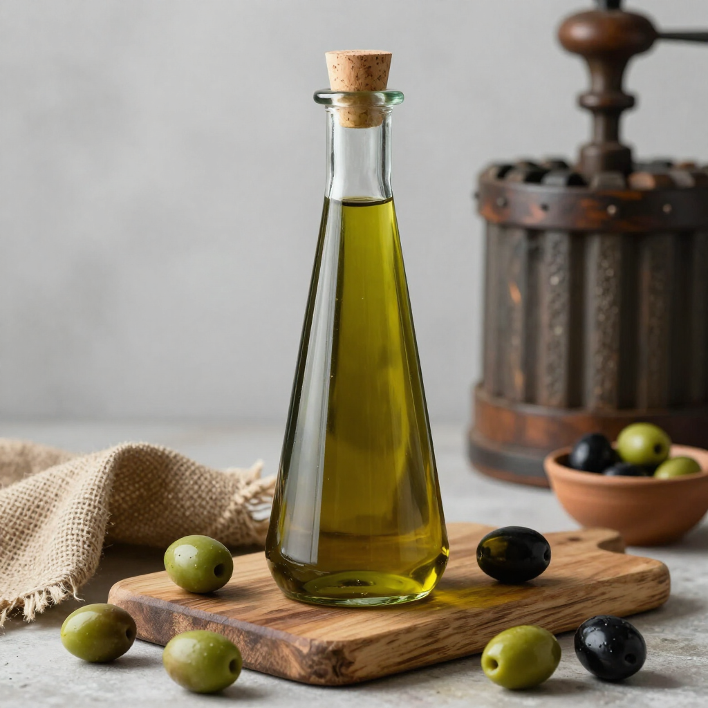 Botella de aceite de oliva con aceitunas sobre una tabla de madera junto a un molinillo de pimienta.