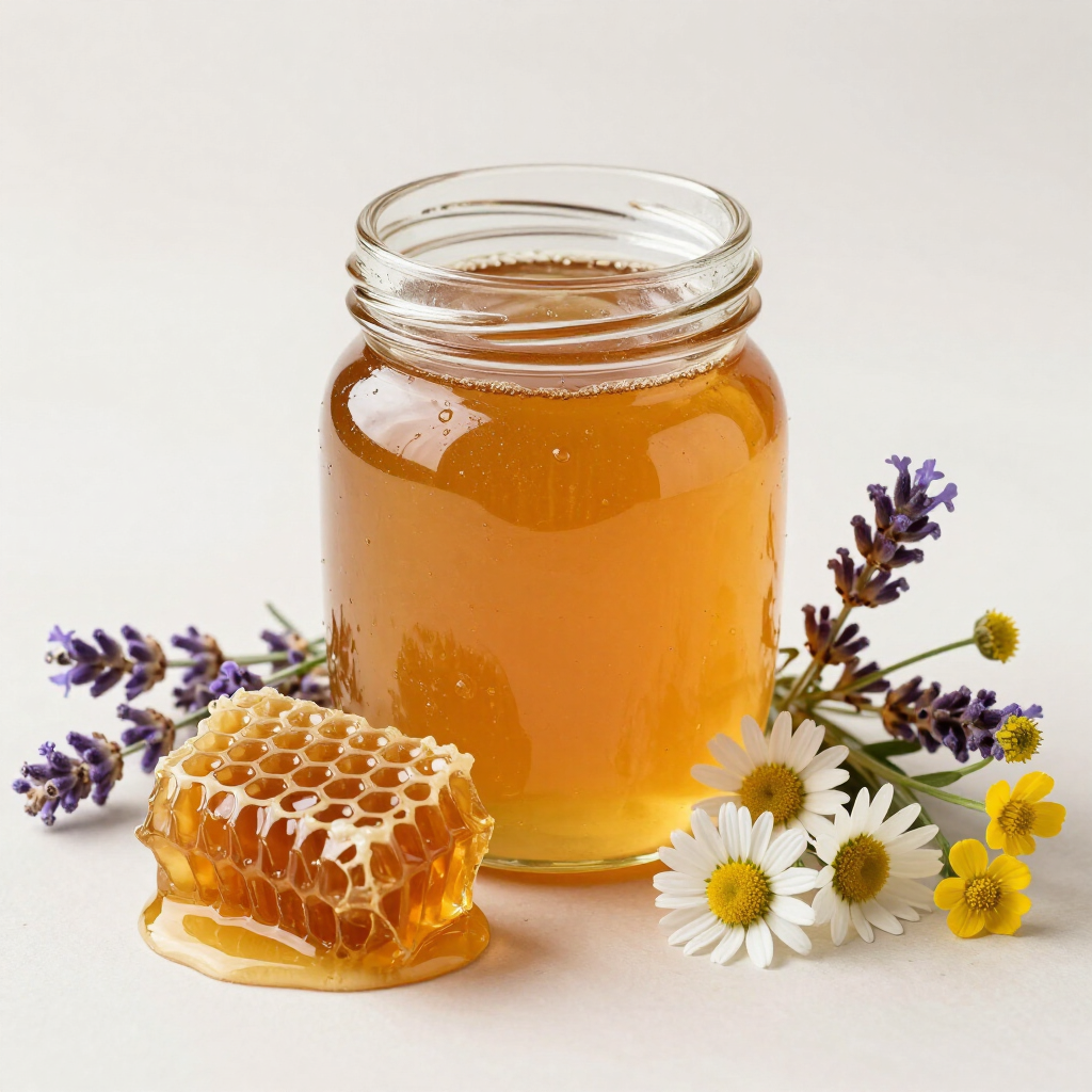 Tarro de miel con panal y flores silvestres sobre fondo blanco.