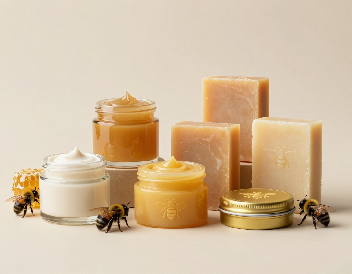 Surtido de tarros y barras de productos para el cuidado de la piel con miel y cera de abejas, con pequeñas abejas.