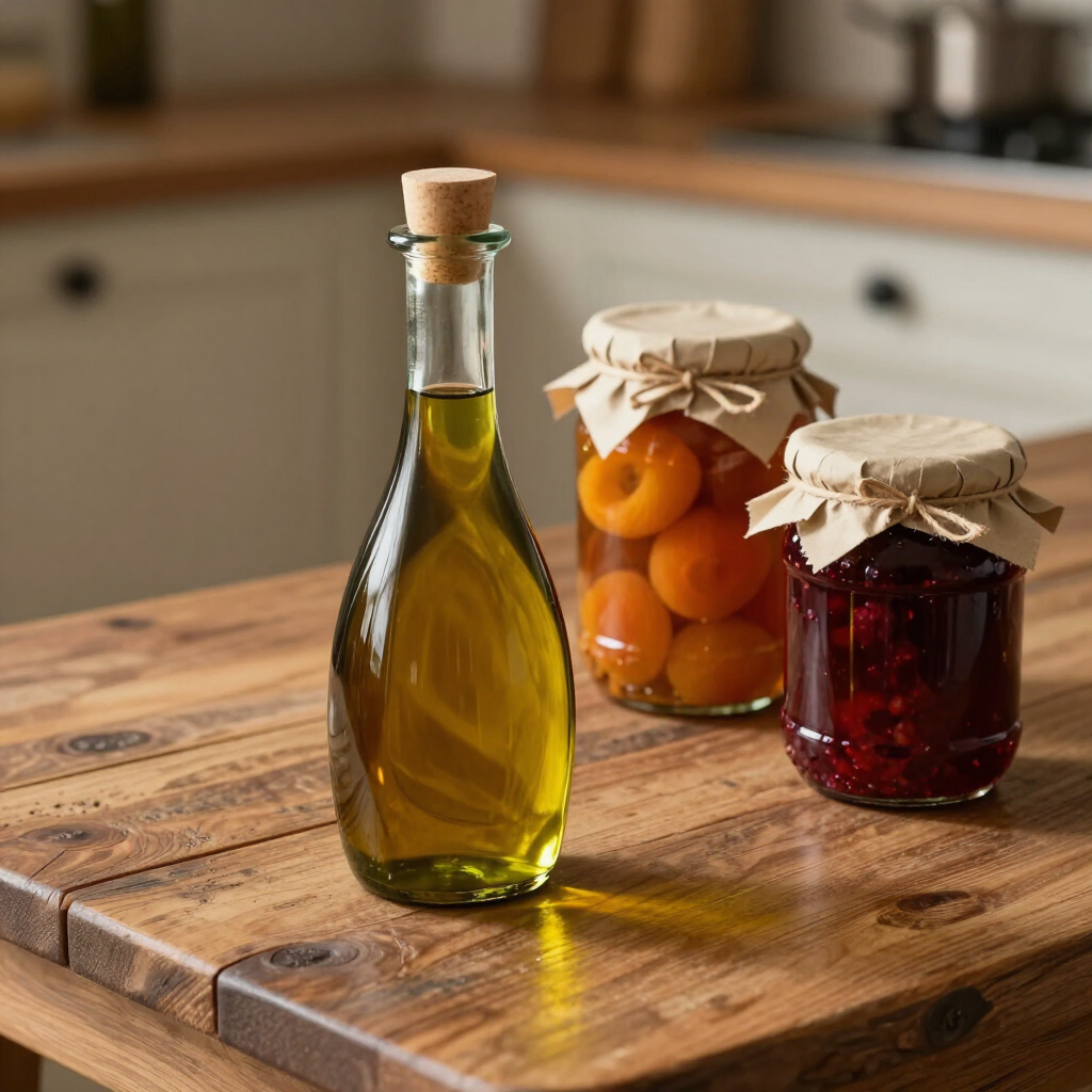 Botellas de vidrio y frascos de fruta en conserva sobre una mesa de cocina rústica de madera.