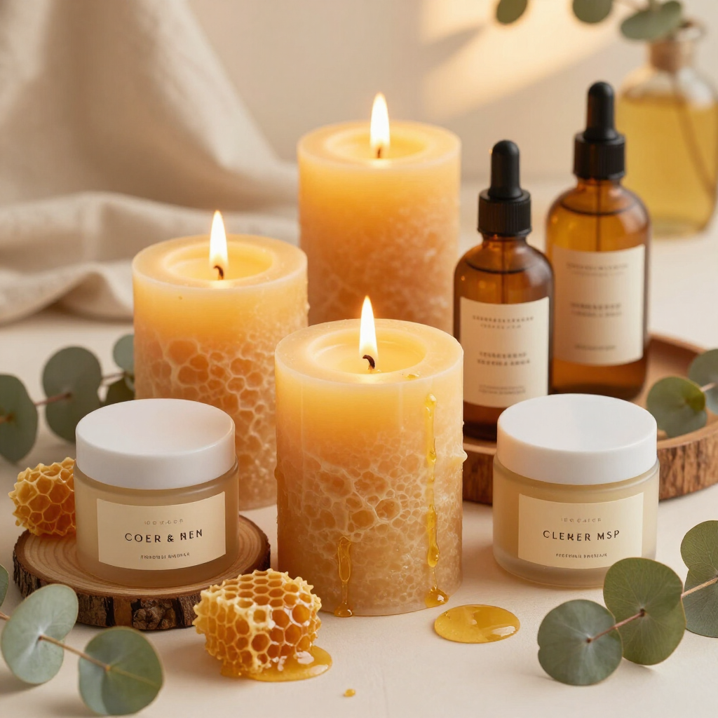 Velas encendidas, frascos cuentagotas de color ámbar y jarrones blancos dispuestos con eucalipto sobre una suave superficie.