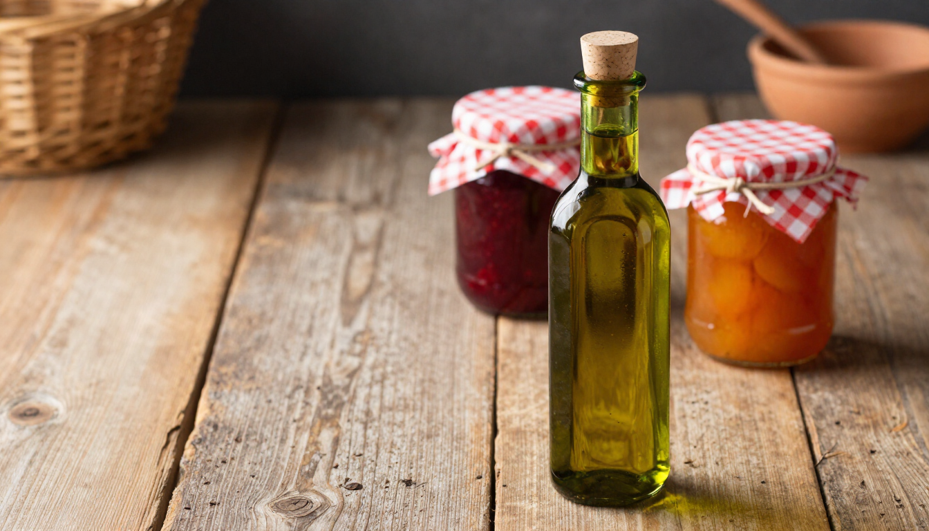 Botella de aceite de oliva de vidrio con corcho sobre una mesa rústica de madera, flanqueada por dos tarros de mermelada.