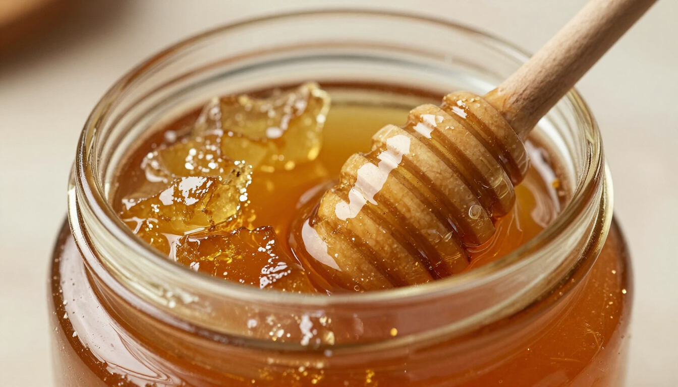 Miel en un frasco de vidrio con un cucharón de madera del que gotea jarabe dorado.