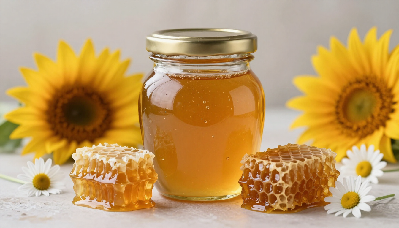 Tarro de miel con panal y margaritas, flanqueado por brillantes girasoles sobre un fondo claro.