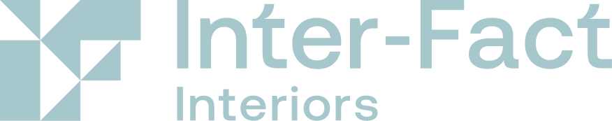 The logo for inter-fact interiors is blue and white