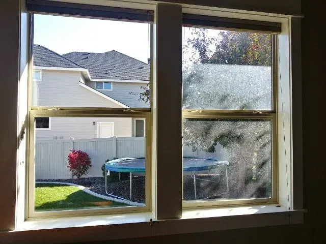 Two double-hung windows looking out onto a backyard with a trampoline, fence, and house; one window is foggy.