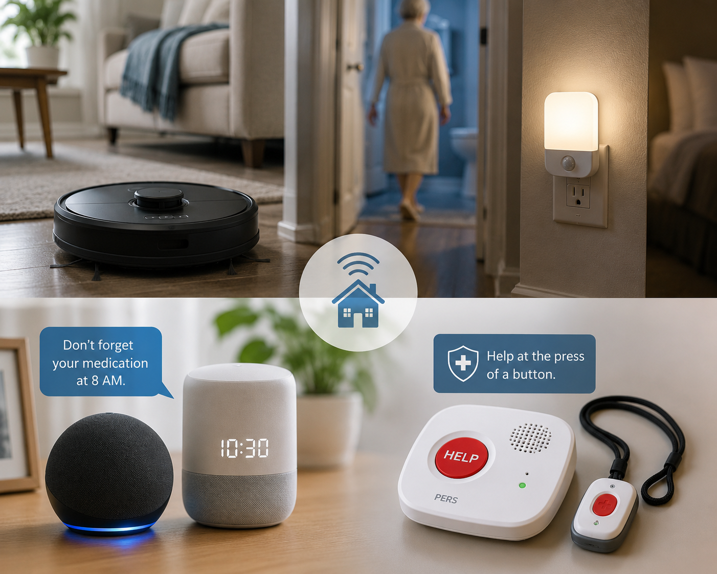 Smart home devices for safety and security: robot vacuum, speaker, monitor, and emergency button in a house