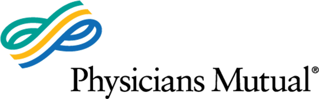 Physicians Mutual logo: Swirls of teal, gold, and blue above the words
