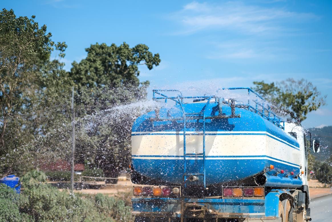 A Blue and White Water Truck is Spraying Water on Trees — Wild Water Delivery in Beerwah, QLD