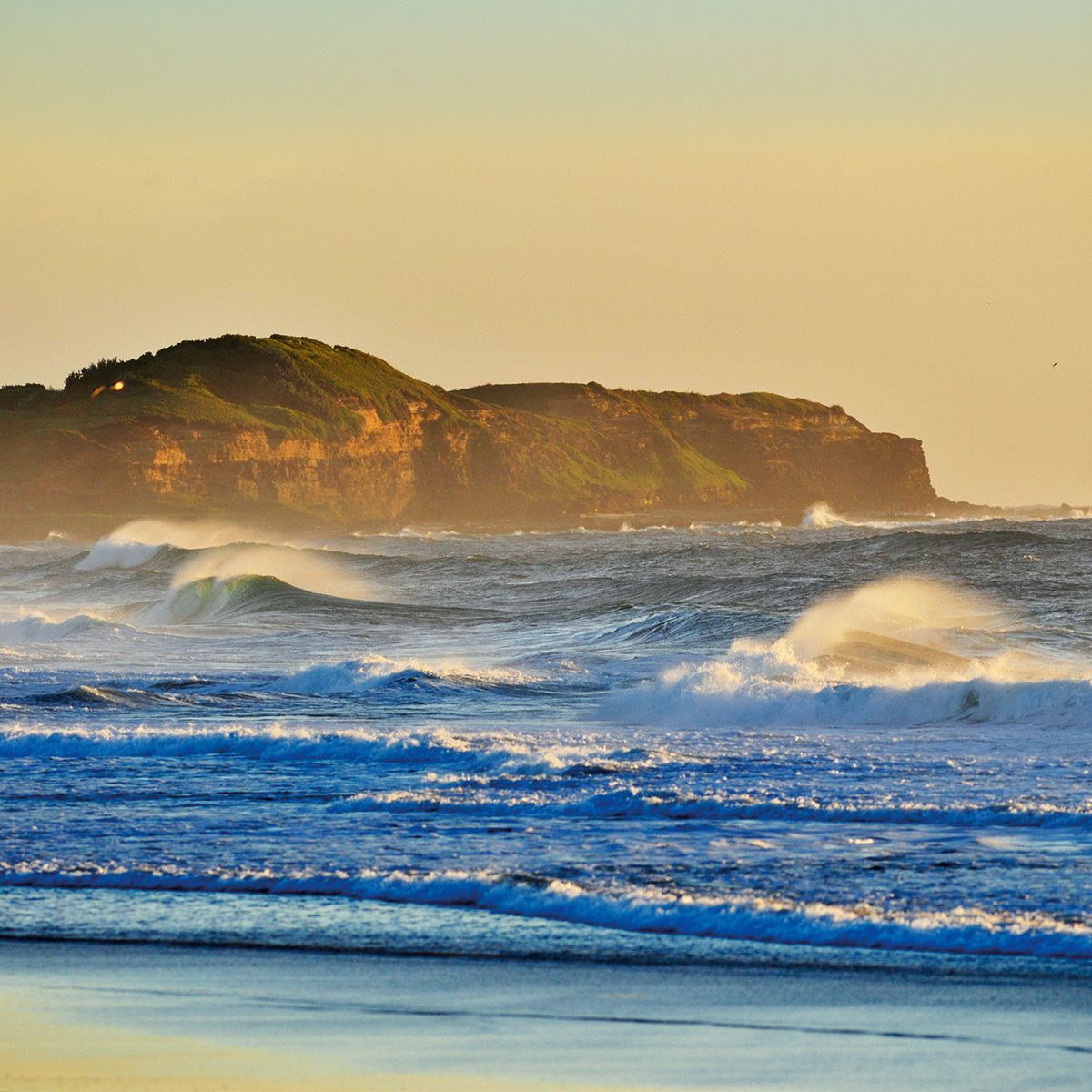 Sunlit waves rolling toward a rocky, green headland at the coast Iluka Bluff