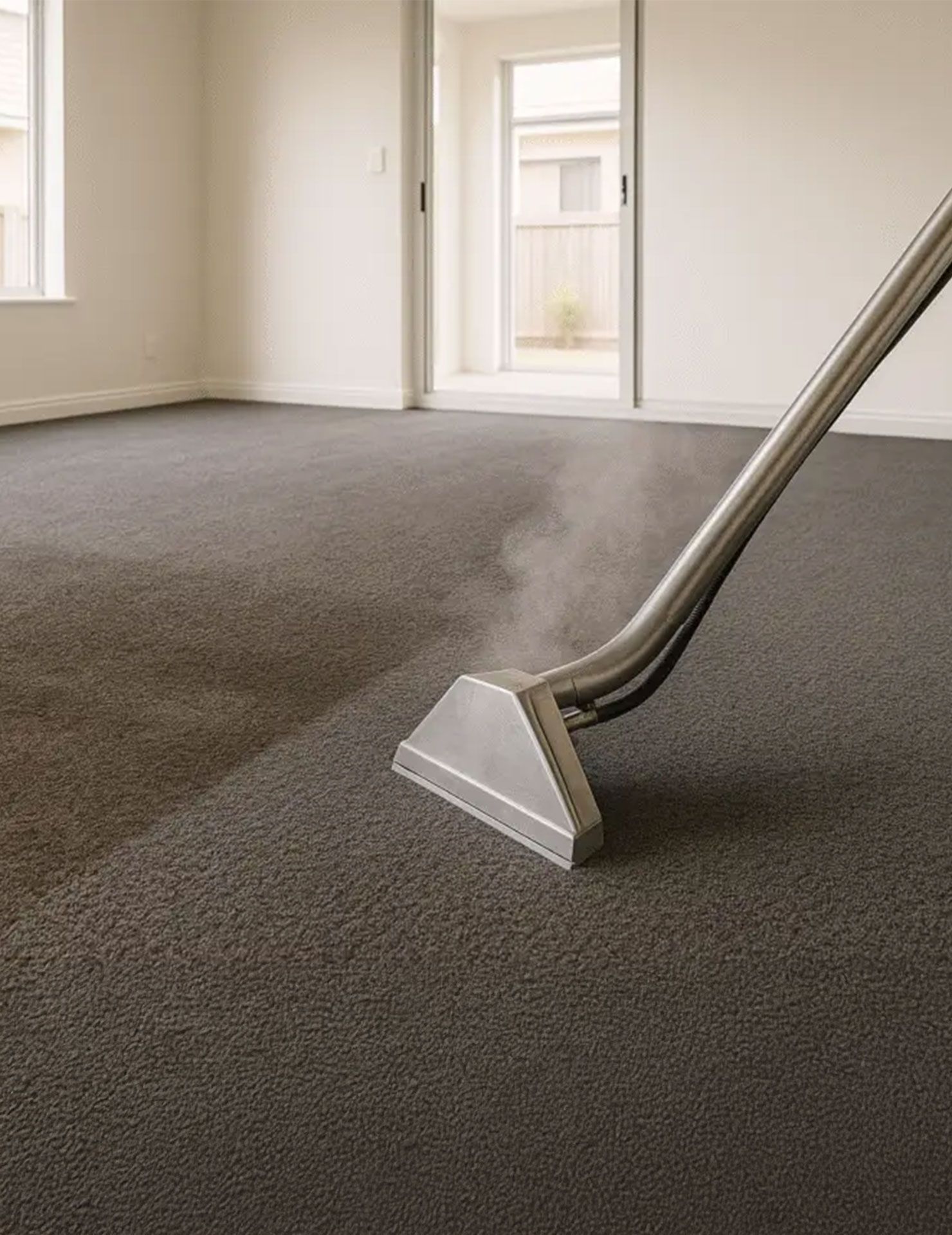 Carpet cleaner nozzle cleaning a gray carpet in a bright empty room