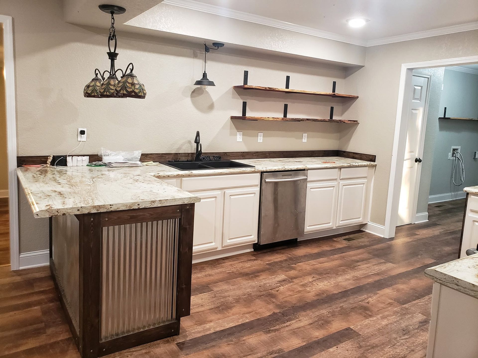 rustic kitchen with open shelving