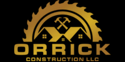 ORRICK construction logo with gold gear, crossed hammers, and roofline on black background
