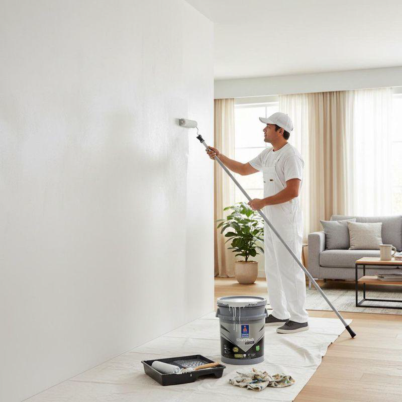 Painter rolling white paint on a wall in a bright living room with paint supplies on the floor