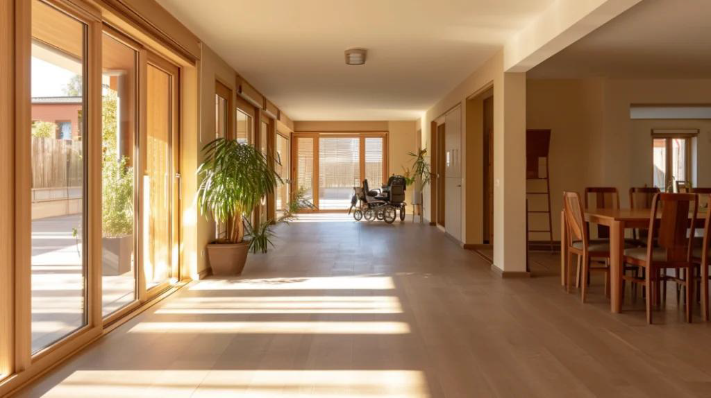 Sunlit modern hallway with large windows, a potted plant, and a dining area at the far end