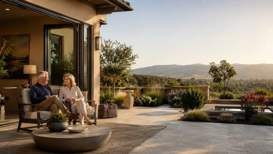 Couple relaxing on patio chairs beside a modern home, overlooking a sunset landscape and mountains.