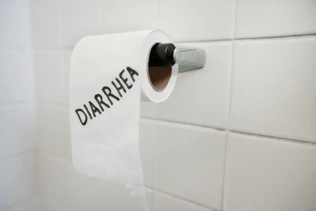Toilet paper labeled “DIARRHEA” hanging on a bathroom wall dispenser