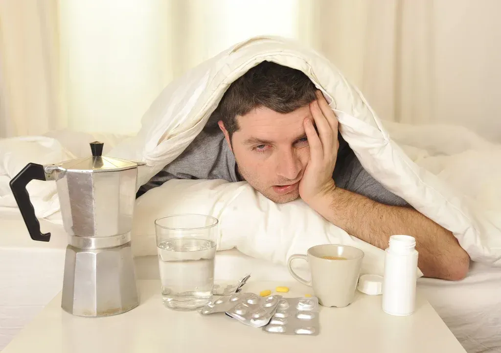 Man under a blanket at a table with a coffee pot, glass of water, pills, and cups, looking ill and tired