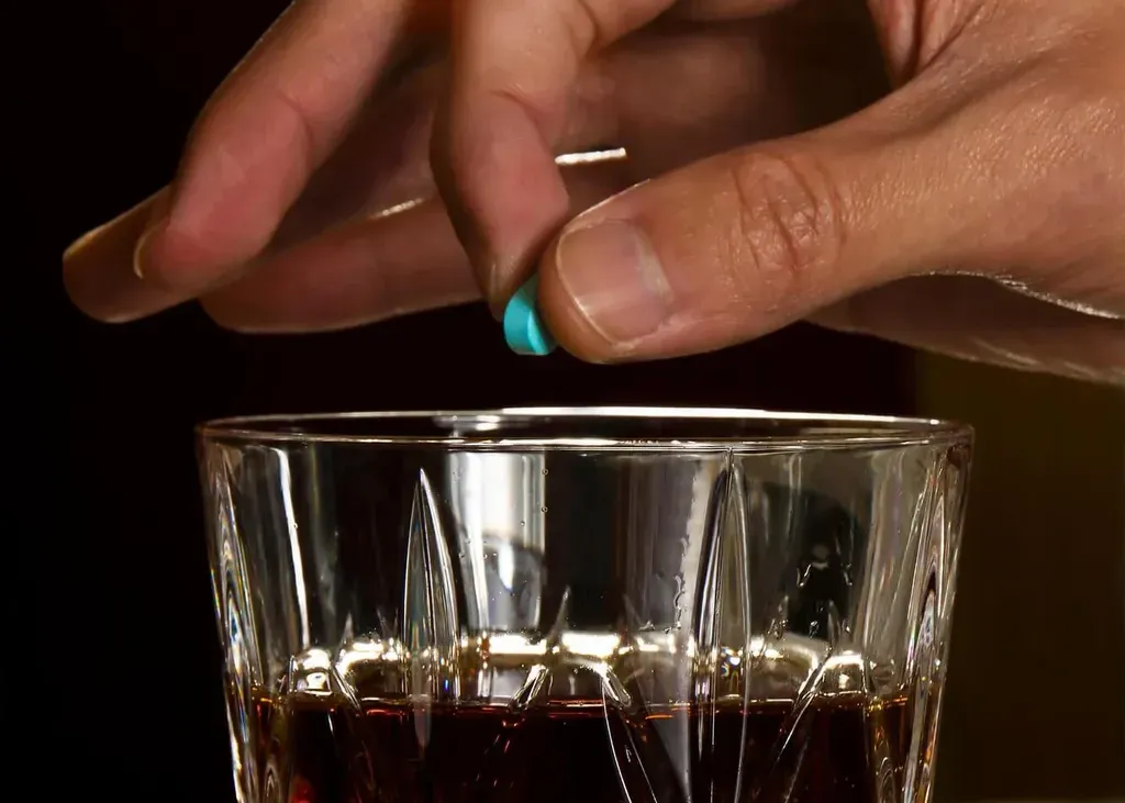 Hand placing a blue tablet into a glass of dark liquid