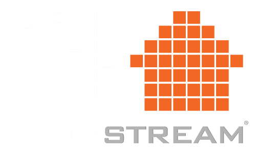 A logo for a company called stream with a house made of squares.