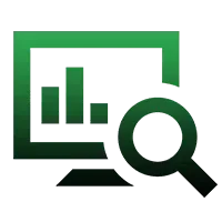 A computer monitor with a magnifying glass and a graph on it.