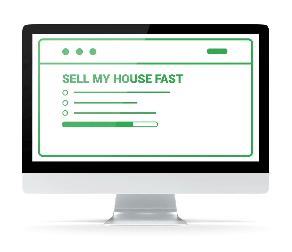 A computer monitor with a screen that says `` sell my house fast ''.