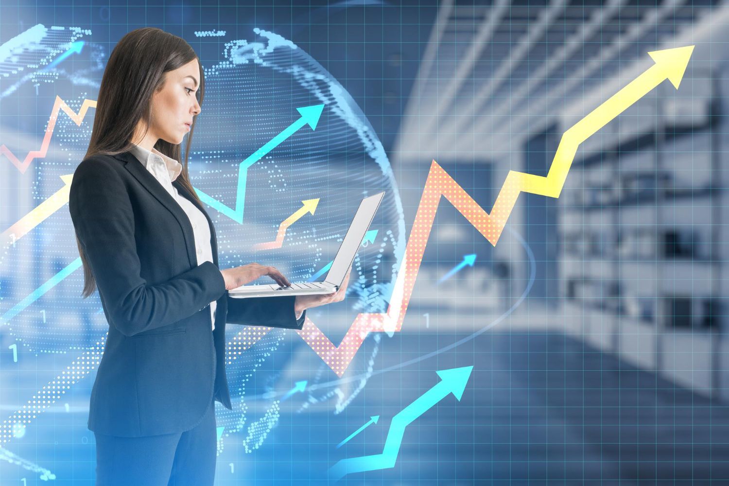 Businesswoman using a laptop with world map and upward trending graphs in background.