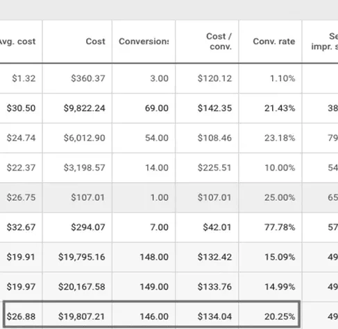 A table of costs and conversions for a website