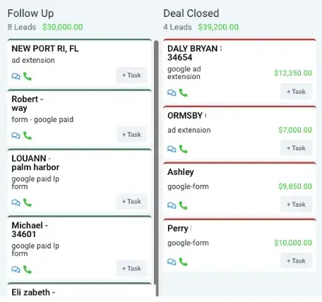 A screenshot of a follow up and deal closed page